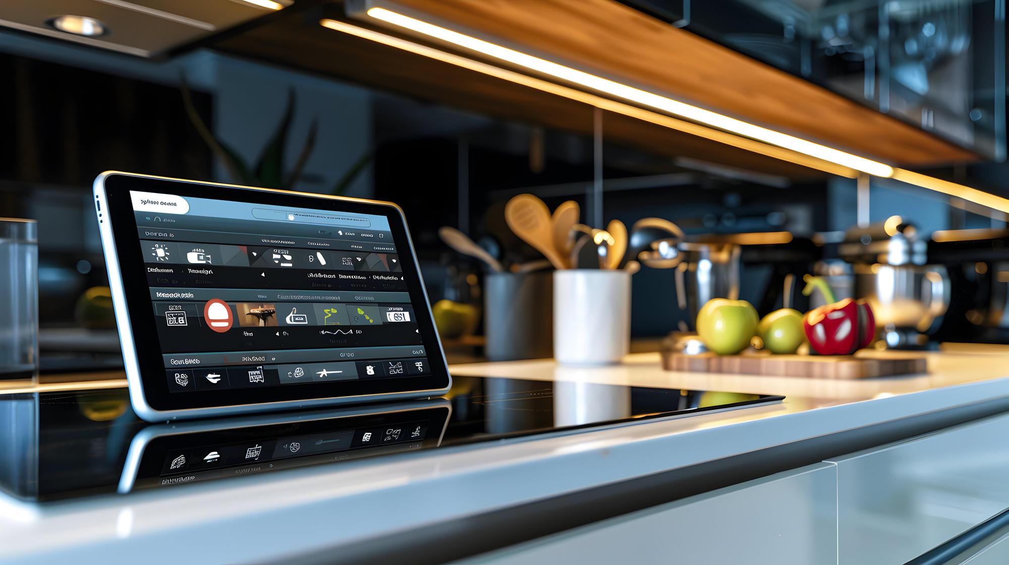 Modern kitchen workspace with camera and laptop
