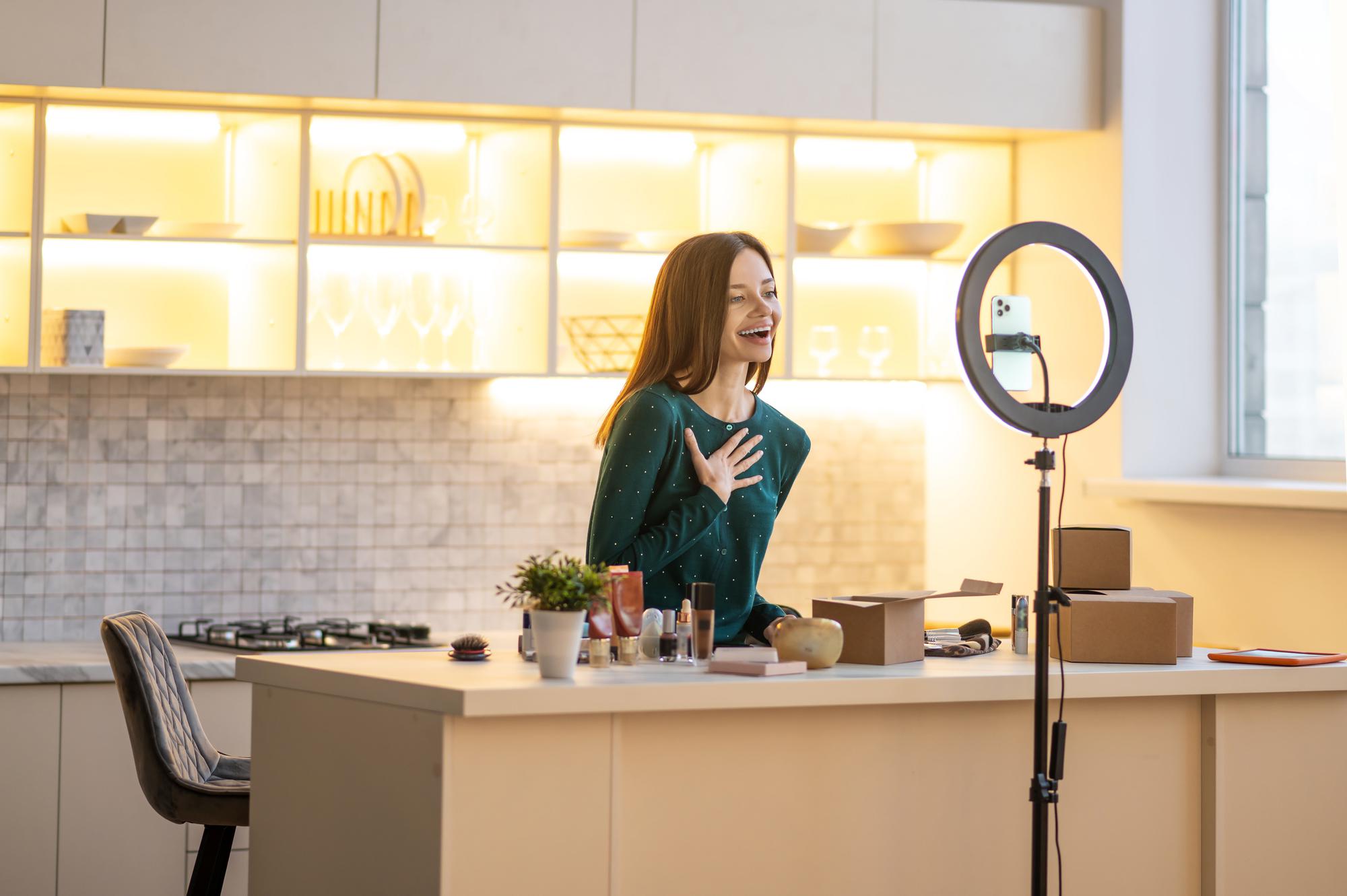 Home kitchen livestream setup with ring light