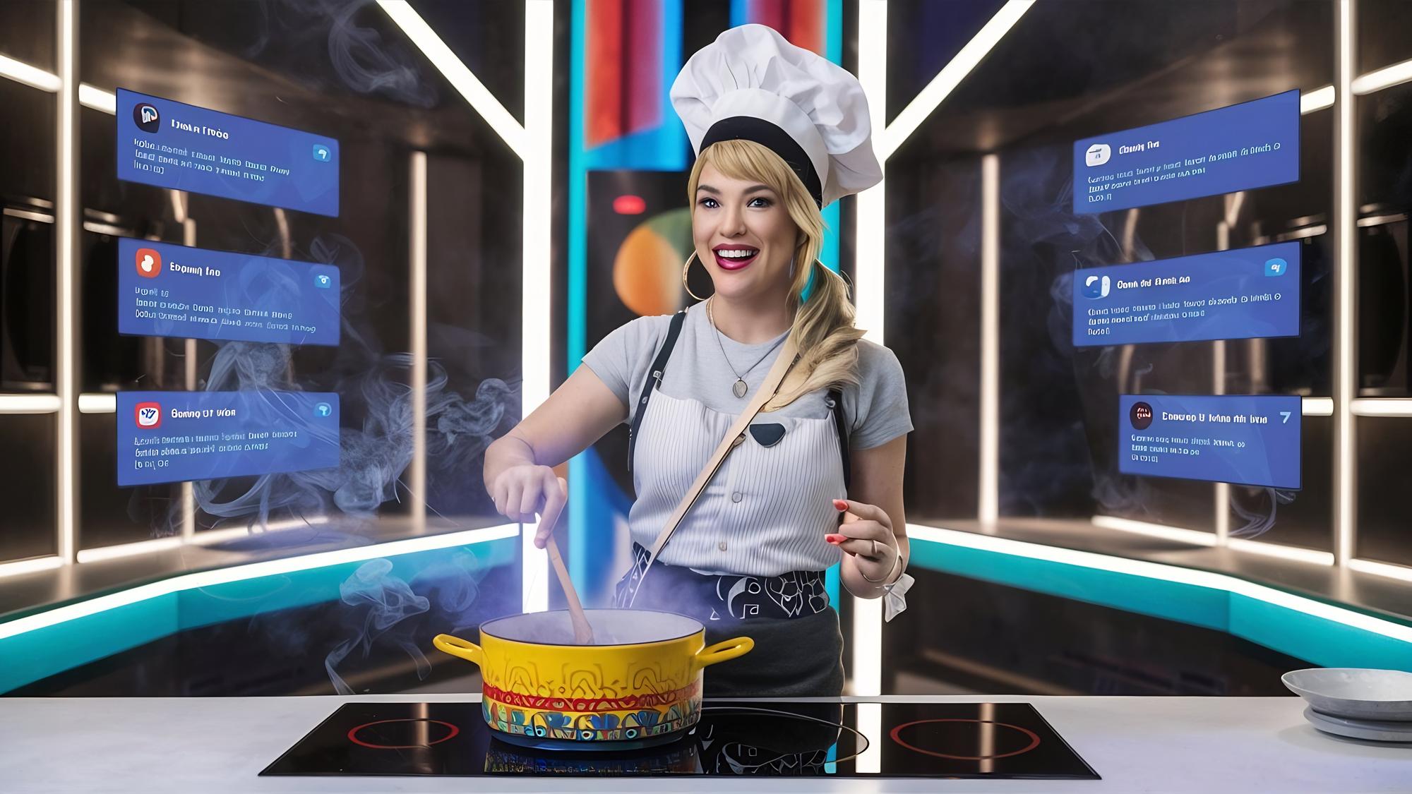 Chef teaching online with futuristic interface